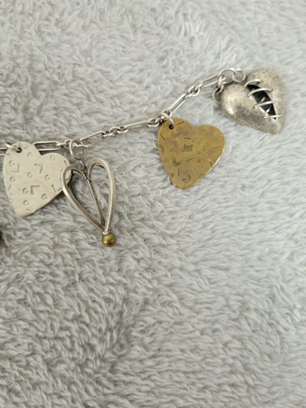 Artisan Mixed Metal Heart Charm Bracelet Sterling Silver Brass Multi-Charm B13E
